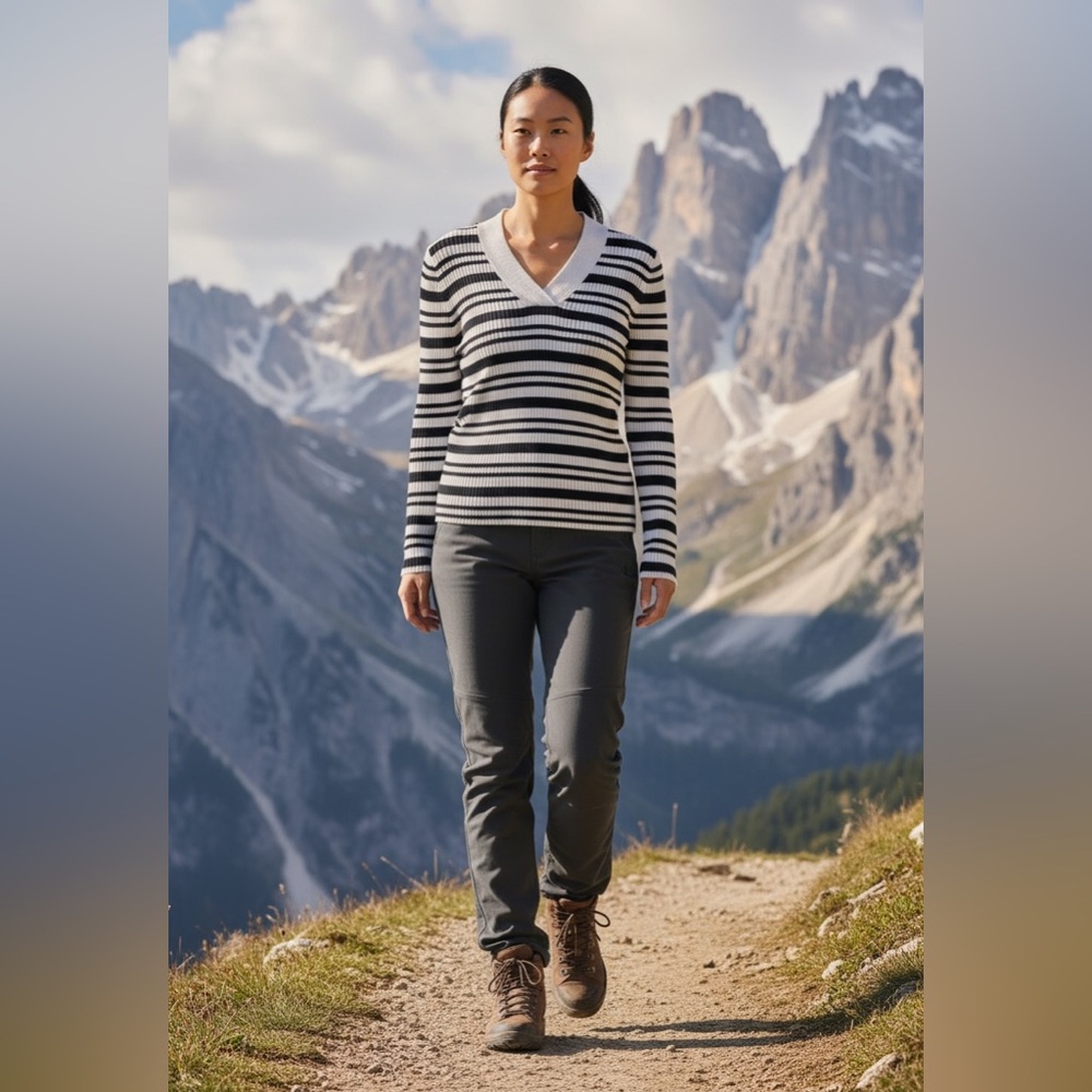 Basic Editions Striped V-Neck Long Sleeve Sweater (White w/ Black Stripes)